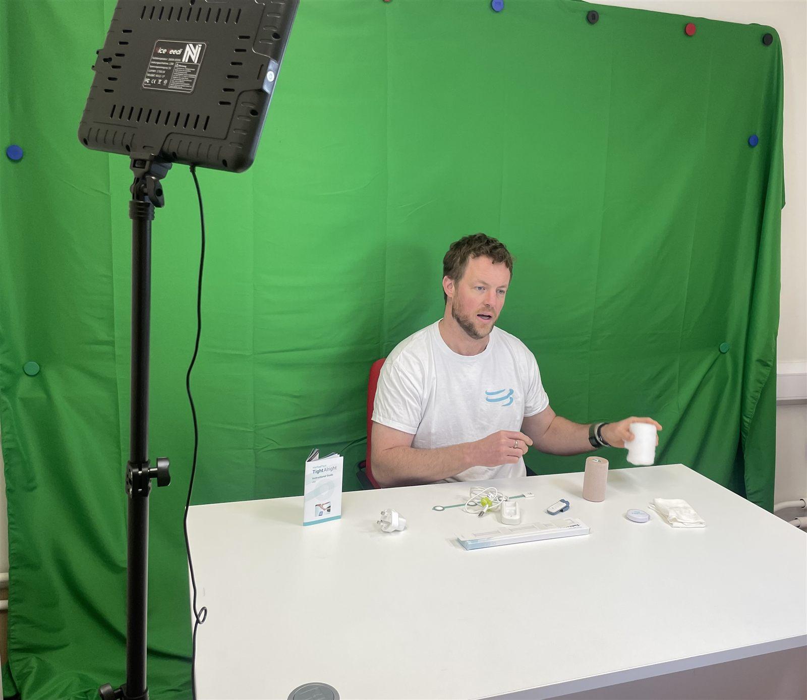 Green screen studio set up in the FeelTect office for the video series